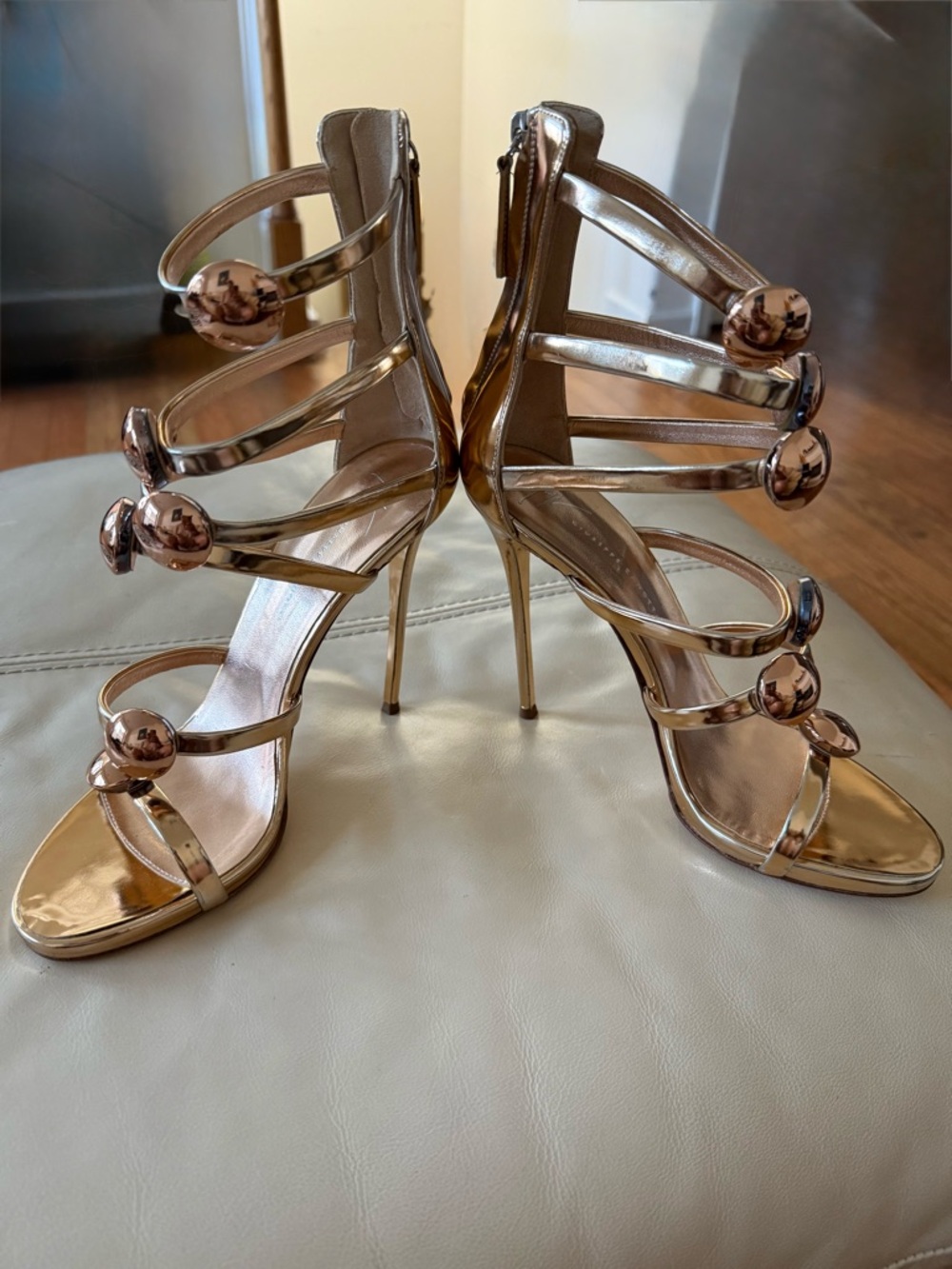 Giuseppe Zanotti Gold Alien Cage Sandals w/Rose Gold Orbs. - Picture 5 of 14